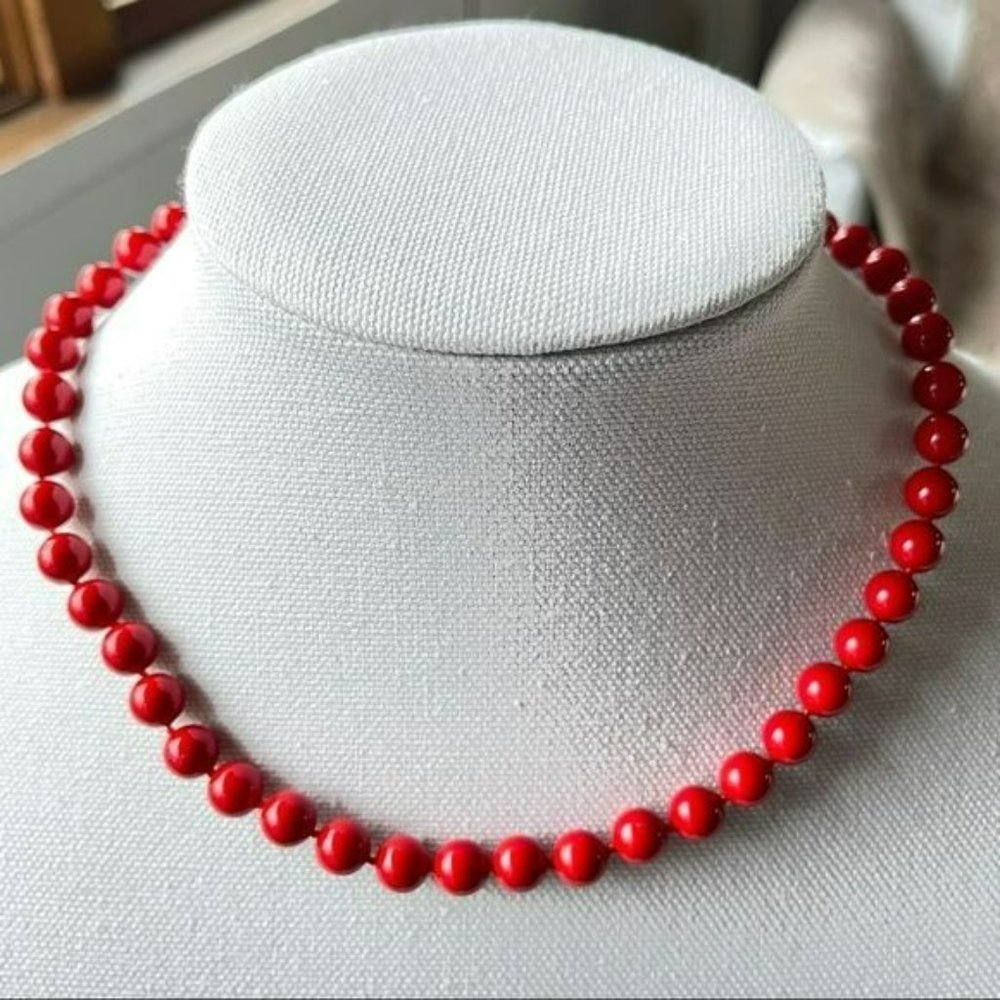 8mm Red Round Sea Shell Pearl Beaded Necklace 18in - Picture 9 of 13